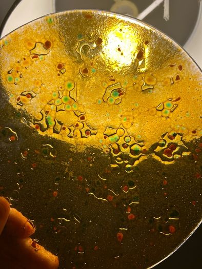 Vintage mid century modern fused art and glass plate.Textured Amber and Gold catchall.