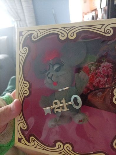 vintage flocked gray mouse ornament 1960s magic moments 21st birthday celebration