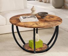 Round Coffee Table,Wooden 2-Tier Circle Coffee Tables with Storage Shelves,Accent Center Table for Living Room, Sofa Table for Home Office, Black