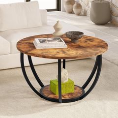 Round Coffee Table,Wooden 2-Tier Circle Coffee Tables with Storage Shelves,Accent Center Table for Living Room, Sofa Table for Home Office, Black