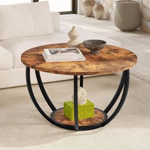 Round Coffee Table,Wooden 2-Tier Circle Coffee Tables with Storage Shelves,Accent Center Table for Living Room, Sofa Table for Home Office, Black