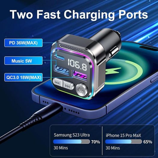 Bluetooth Car Adapter, Radio Receiver Audio FM Transmitter, Wireless Hands Free Phone Digital Kit, USB C QC PD 36W Fast Charger for 12V/24V Cigarette Lighter, U Disk MP3 Music Player Device