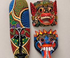 Job Lot of 3 Hand-Painted Decorative Wooden Masks, Colourful Wall Art