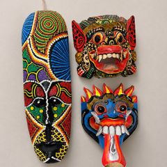 Job Lot of 3 Hand-Painted Decorative Wooden Masks, Colourful Wall Art