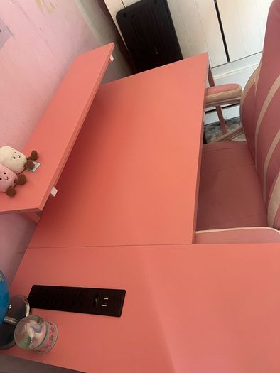L Shaped Desk with Power Outlets & LED Lights & Pink Gaming Chair for Girls