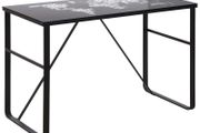 Computer Desk with World Map Printing Tempered Glass Top, Writing Desk for Home Office with Metal Frame, Black