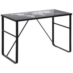 Computer Desk with World Map Printing Tempered Glass Top, Writing Desk for Home Office with Metal Frame, Black