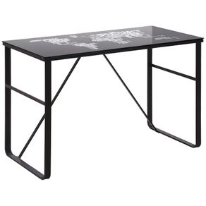 Computer Desk with World Map Printing Tempered Glass Top, Writing Desk for Home Office with Metal Frame, Black