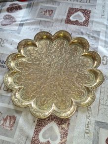 A Decorative Antique Large Hand-Engraved Indian Brass Tray of Scalloped Form, Richly Decorated