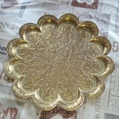 A Decorative Antique Large Hand-Engraved Indian Brass Tray of Scalloped Form, Richly Decorated
