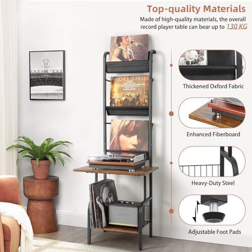 Brown Vinyl Record Storage with Player Stand 200 Albums Vinyl Record Holder Cabinet with Wall Mount, Record Player Table for Living Room or Bedroom