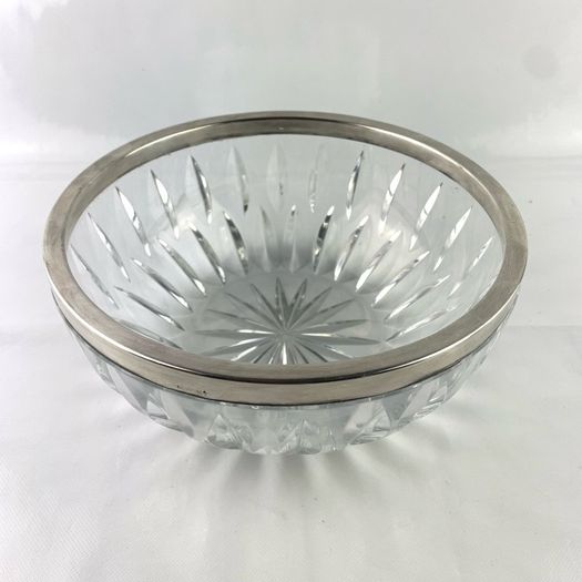 Vintage crystal serving bowl with silver rim
