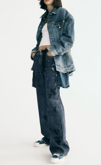 Fab Zara Blue Limited Edition Mid Rise Paint Splatter Washed Baggy Jeans  Size 42 UK 14