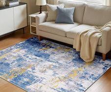 Washable Rugs Living Room 120x180 cm Modern Abstract Rug with Soft Low Pile Vacuum Friendly Non Slip Backing Minimalist Carpet for Lounge Bedroom Dining Room Home Office Blue/Gold