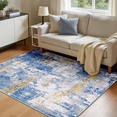Washable Rugs Living Room 120x180 cm Modern Abstract Rug with Soft Low Pile Vacuum Friendly Non Slip Backing Minimalist Carpet for Lounge Bedroom Dining Room Home Office Blue/Gold