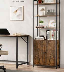 Bookcase Standing Shelf with Doors, Metal Frame,