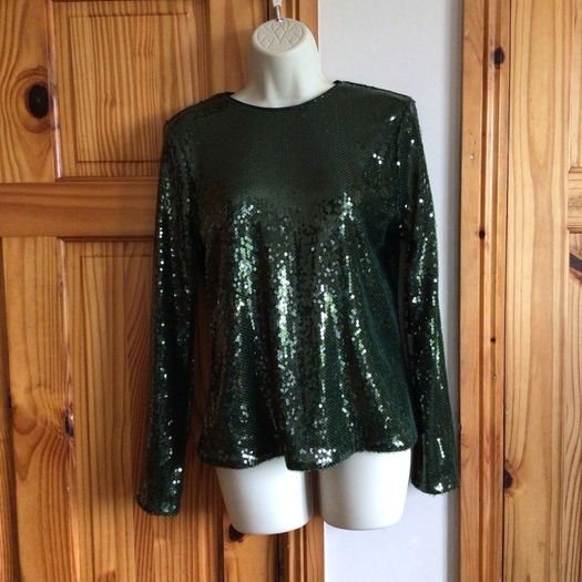 M&S Ladies Green Long Sleeve Sequin Party Festive Top size 12 Bnwts