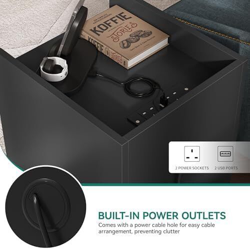 Bedside Table with 3 Drawers and Power Station, Modern Nightstand End Table, Water-Resistant Storage Side Table for Living Room and Bedroom, 35 x 40 x 59cm (Black)