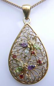 Vintage 18K Gold Plated Sterling Silver 925, Butterflies Crystal Oval Pendant Necklace, length 18" - 5,83g