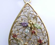 Vintage 18K Gold Plated Sterling Silver 925, Butterflies Crystal Oval Pendant Necklace, length 18" - 5,83g