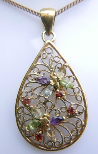 Vintage 18K Gold Plated Sterling Silver 925, Butterflies Crystal Oval Pendant Necklace, length 18" - 5,83g