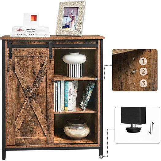 Sideboard, kitchen cabinet with sliding door and adjustable shelf levels, bathroom cabinet, living room, hallway, kitchen, home office, steel frame, industrial style, vintage brown-black