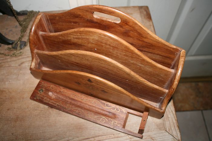 Vintage Letter Holder Handmade Wooden Paper Rack with Moorish Brass Inlays Office Desk Organiser 12" x 4" H-7"