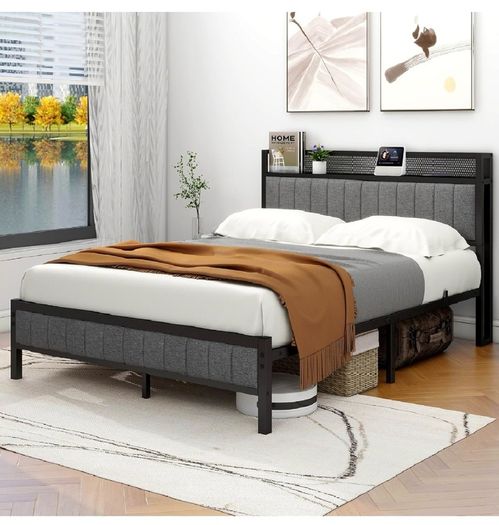 King Size Bed Frame with Storage and Headboard Shelf, Upholstered Bed