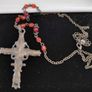 Red stones & cabochons cross pendant necklace with a rosary style beaded chain Image 3