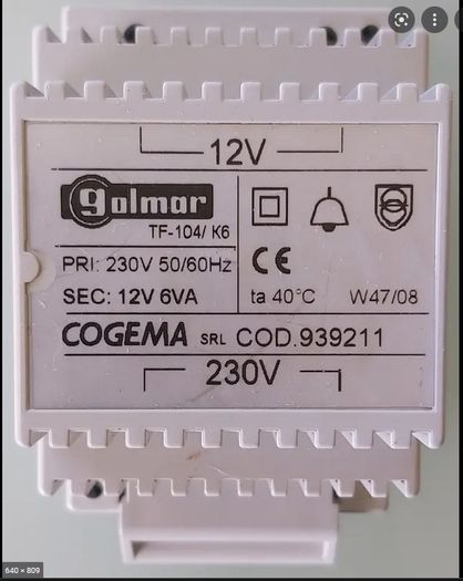 Galmar 230V to 12V Transformer for Door Entry Systems