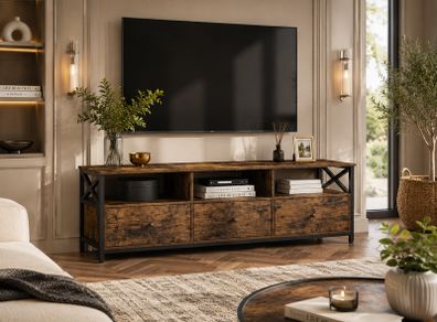 Industrial TV Cabinet with 3 Drawers  Rustic Brown Entertainment Unit for TVs up to 65 Inch