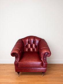 Classic Burgundy Leather Chesterfield Armchair with Brass Casters