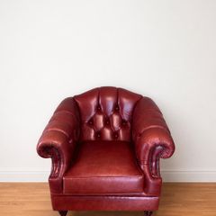 Classic Burgundy Leather Chesterfield Armchair with Brass Casters