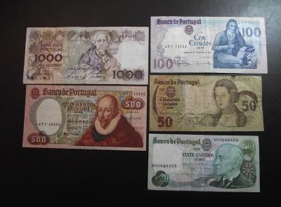 Portugal: 5 Notes: 1000e+500e+100e+50e+20e (1978-1987)