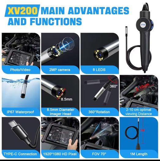 XTOOL XV200 is an upgraded of XV100 8.5mm HD Endoscope Camera Micro 8 LED Car Endoscope Inspection Borescope For D9S X100MAX D7S