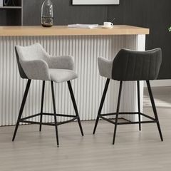 Breakfast Bar Stools Set of 2 Bar Chairs Upholstered Counter Stools with Armrest & Footrest, Modern Counter Chairs for Kitchen Island/Home Bar, Gray