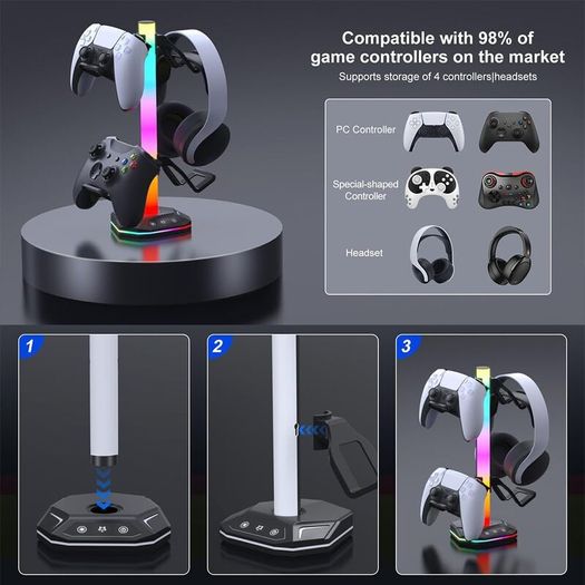 Headphone Gaming Controller Stand for (Xbox) Ps5 Ps4 Switch With 9 Light Modes, RGB Universal Desk Game Accessories for Ps5/Ps4/(Xbox)/Switch Pro