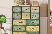 Fabric Chest of Drawers, Vintage 12 Drawer Tall Dresser with Floral Print, Rustic Boho Style Dresser Storage Cabinet for Bedroom, Hallway, Living Room