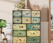 Fabric Chest of Drawers, Vintage 12 Drawer Tall Dresser with Floral Print, Rustic Boho Style Dresser Storage Cabinet for Bedroom, Hallway, Living Room