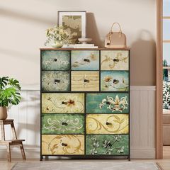 Fabric Chest of Drawers, Vintage 12 Drawer Tall Dresser with Floral Print, Rustic Boho Style Dresser Storage Cabinet for Bedroom, Hallway, Living Room