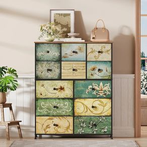 Fabric Chest of Drawers, Vintage 12 Drawer Tall Dresser with Floral Print, Rustic Boho Style Dresser Storage Cabinet for Bedroom, Hallway, Living Room