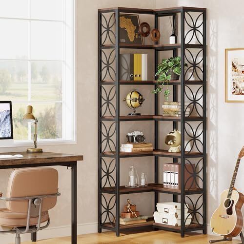 7 Tier L Shaped Corner Bookcase Freestanding Rustic Brown & Black
