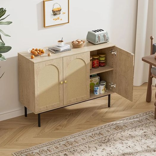 Sideboard Storage Cabinet, Kitchen Cupboard Storage with 3 Doors, Rattan Buffet Cabinet for Living Room, Dining Room, Kitchen, Hallway