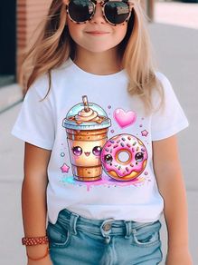 Girls' T-Shirt with Milk Tea and Doughnut Print