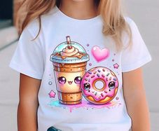 Girls' T-Shirt with Milk Tea and Doughnut Print