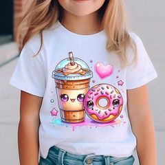 Girls' T-Shirt with Milk Tea and Doughnut Print