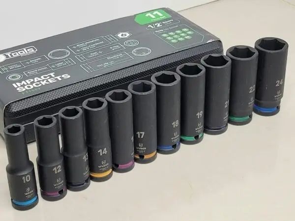11 Piece 1/2inch Square Drive 6 Point Deep Hex Impact Socket Set -78mm Long | Colour Coded