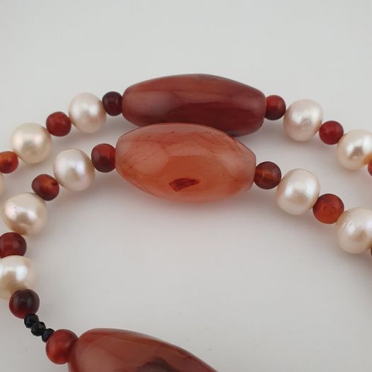 Vintage African Carnelian & Fresh Water Authentic Pearl Necklace