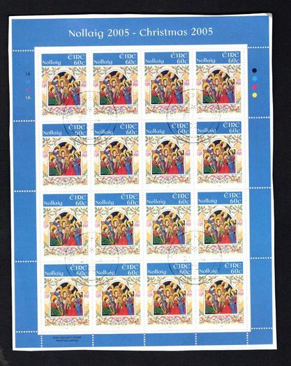 2005 Ireland Christmas Commemorative Stamp Sheetlet Plate 1A1A1A1A Fine CDS Used with Dublin cancel of 21st November 2005 (Frist day of issued) on envelope extract.