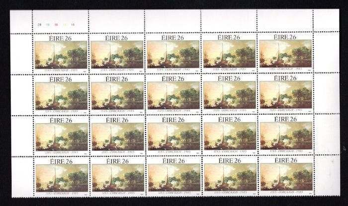 1985 Ireland Anniversaries 800th Anniversary of Cork City Commemorative Stamps Block of 20 including plate block 2B1B1B1B Mint Never Hinged (MNH)